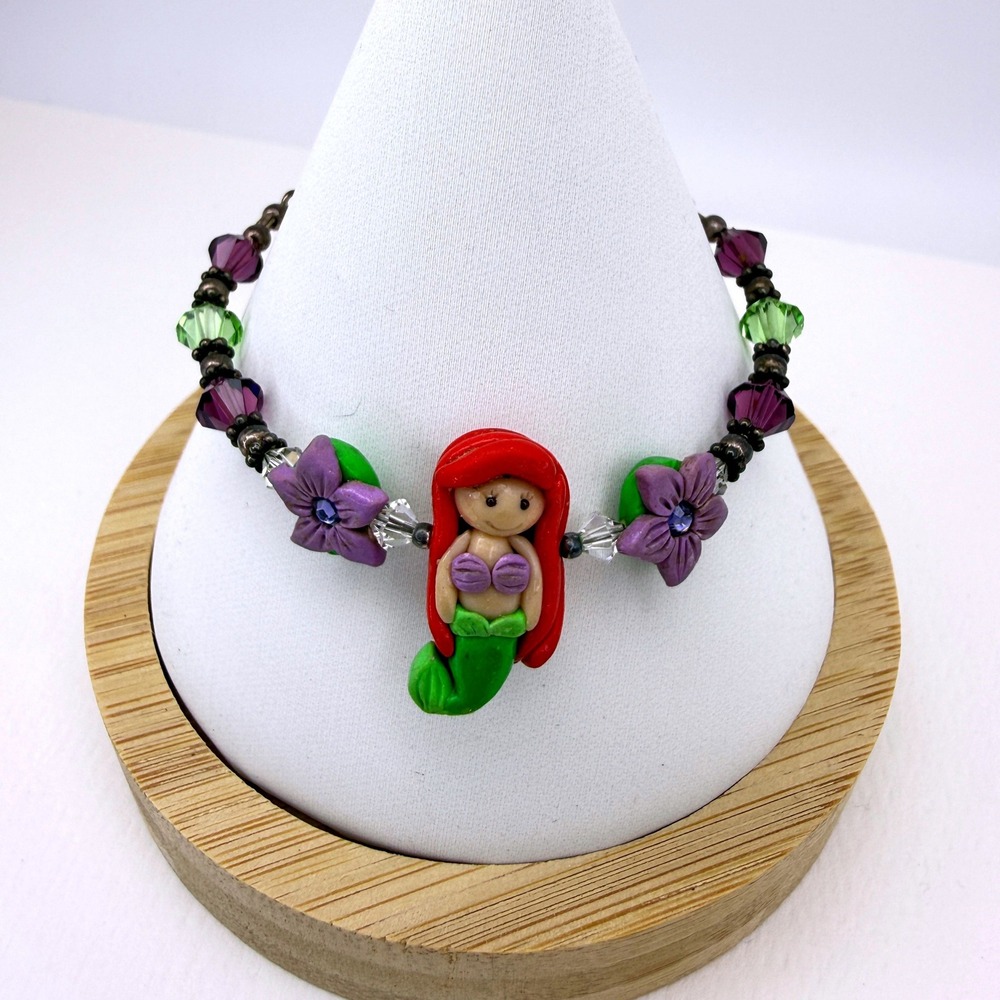Little Mermaid Polymer Clay Beaded Bracelet Sterling Silver Crystal Whimsical